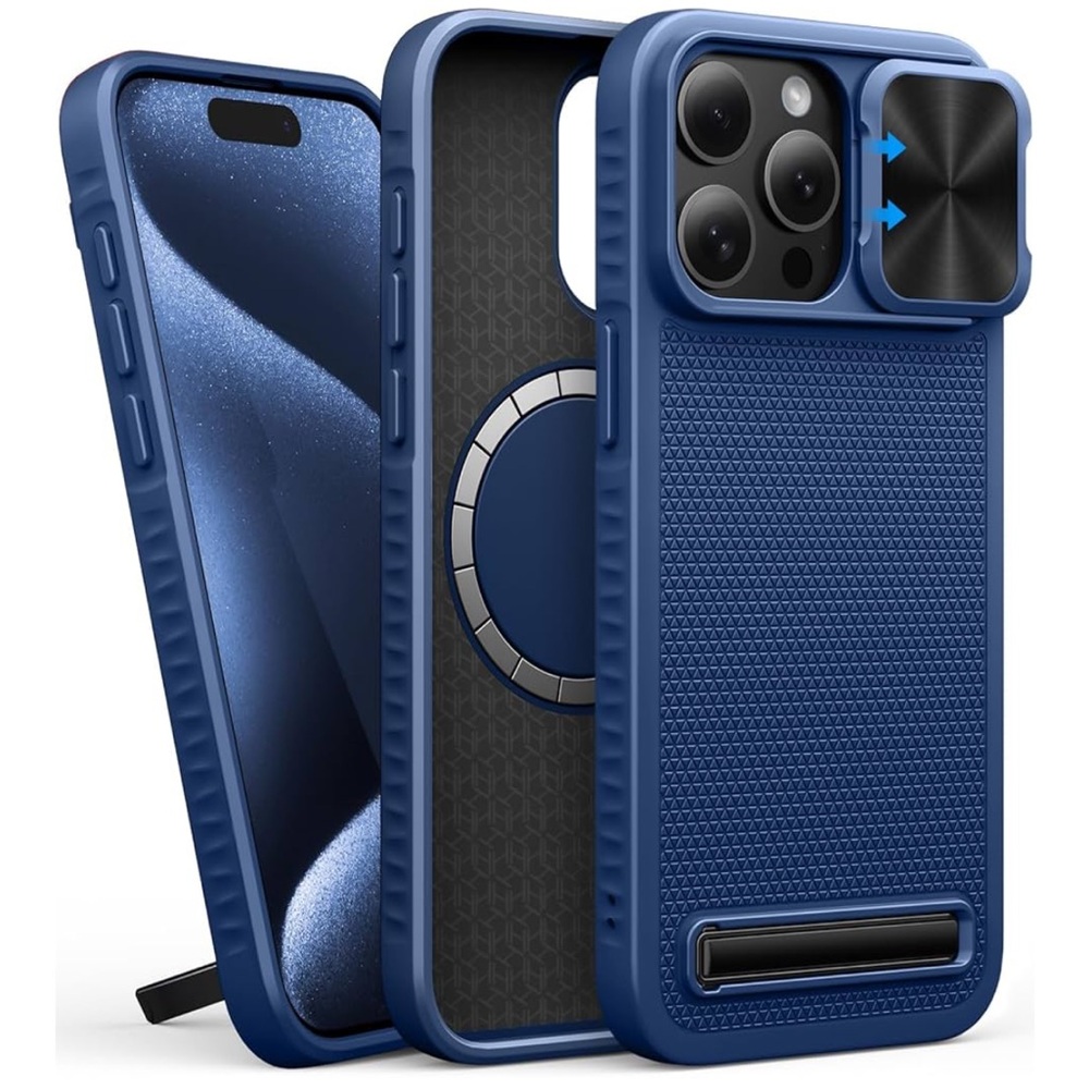 Blue iPhone 15 case with stand